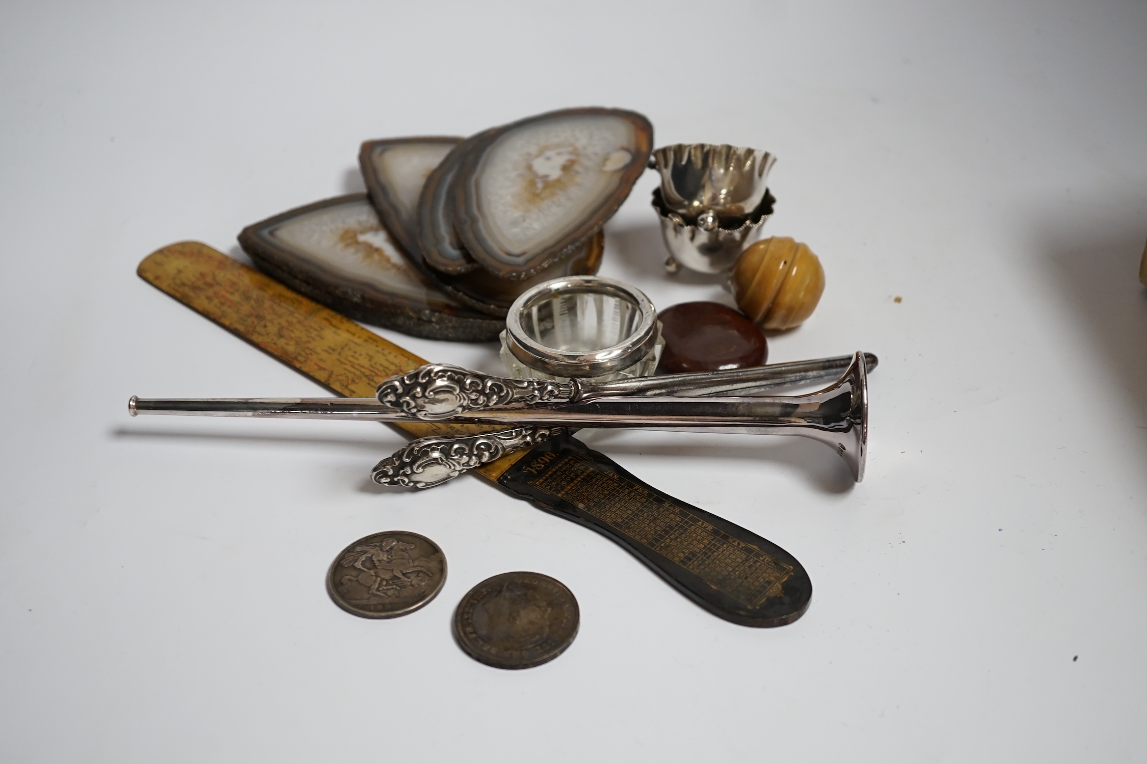 A treen, 1890 the Eastern telegraph company European map letter opener and mixed collectables including silver